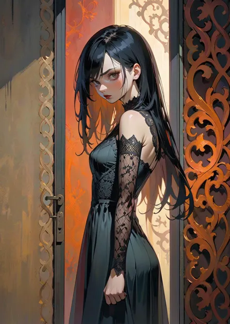 1 woman 
sad
 gothic dressing 
lace
 black straight hair 
cleavage ,  facing forward 
realistic 
rusty wall
shadow
dramatic lighting 
blood
by Dave McKean