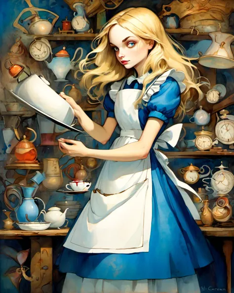 1girl,
alice in wonderland , blonde
blue dress,white apron , 
(art by Bill Carman)
   absurdres, highres, ultra detailed,   bold contrasts,  flat colors,  modern aesthetic