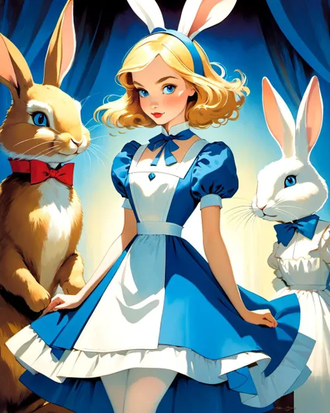 poster of 1  young woman,  detailed face 
alice in wonderland , blonde
blue dress,white apron , stocking
battle stance,   rabbit, artdeco 
(masterpiece, best quality, art by Bill Carman)