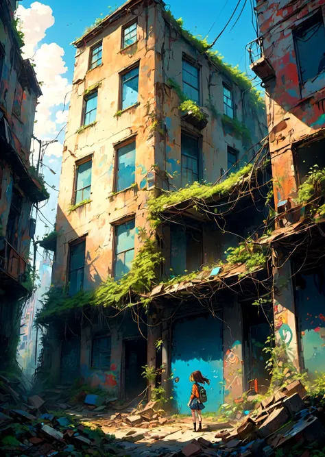 absurdres, highres, ultra detailed, dystopian future, female protagonist, abandoned cityscape, overgrown with plants, decaying buildings, vibrant graffiti on walls, mysterious glowing orbs scattered around, dilapidated car with an open door, lone cat with ...