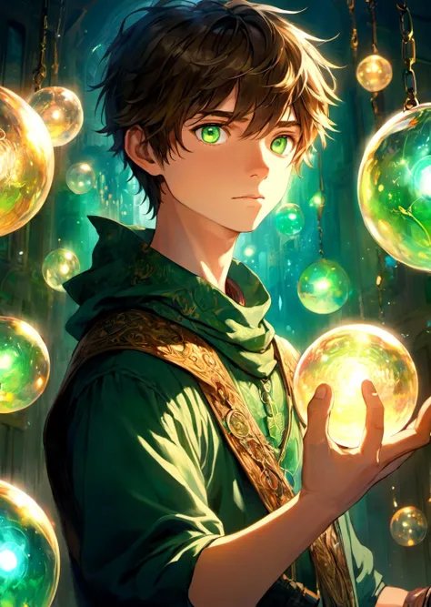 absurdres, highres, ultra detailed, (masterpiece,best quality), on front, 1 boy, close-up, looking away, fantasy, short hair, straight hair, mid shot, indoors, dawn, green eyes, mysterious, holding a magical amulet, surrounded by glowing orbs.