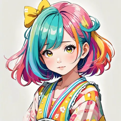 cute childish japanese idol, colorfull hair, realistic style