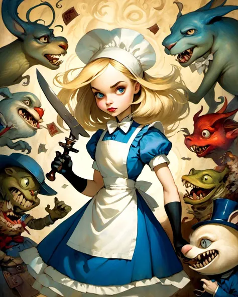 1girl,
alice in wonderland , blonde
blue dress,white apron , 
weapons, fighting monsters
(masterpiece, best quality, art by Bill Carman)