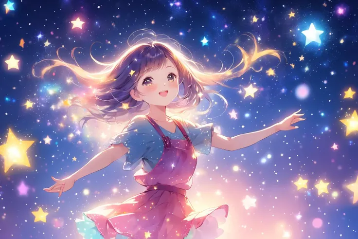 beautiful cute mochi, twinkle Star Sky Background, (2 female:1.2), Dancing in the mood,  focus on girl, bright and colorfull, twinkle particles of light dance in the air, close up