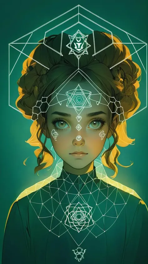 1girl, hexagon in her face,zodiac sign on her head, <lora:Lines_Clothes_XL:1>