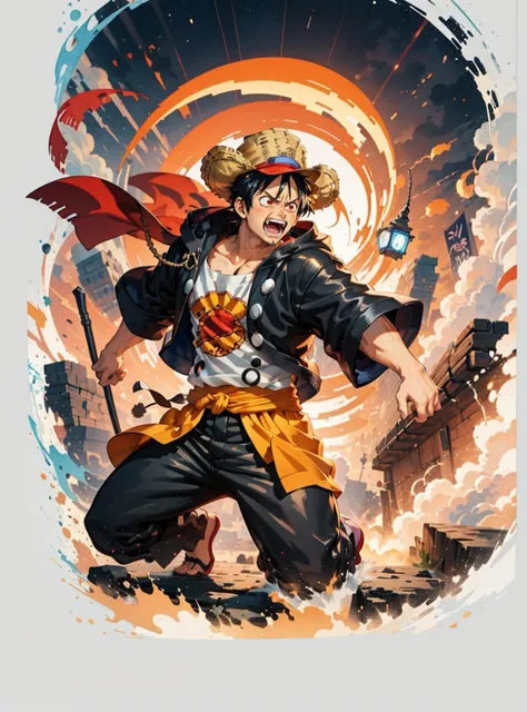 Design a gripping  featuring Luffy from "One Piece" in a fit of rage. 
, simple background, tshirt design 
<lyco:T-shirt-08:0.8>