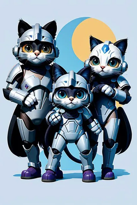 a close up of three cats in armor standing next to each other