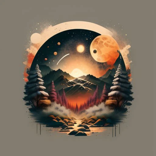 a painting of a mountain scene with a full moon and a river