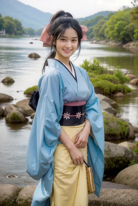 arafed asian woman in traditional dress standing by a river