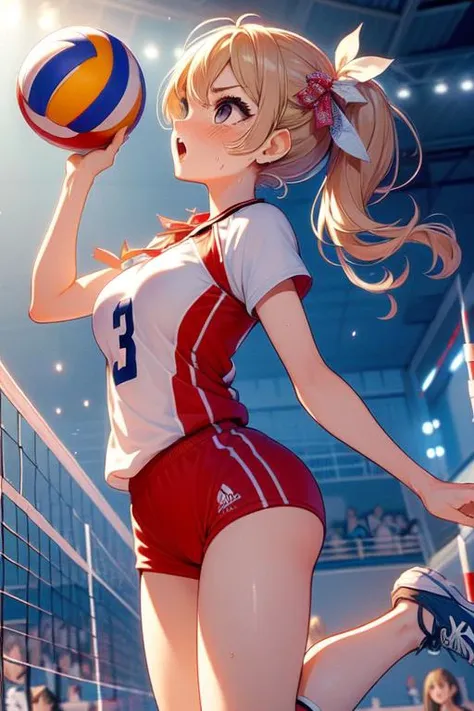 (((masterpiece))), (((best quality))), ((volleyball)), ((jumping)), ((chest out)), ((raise head)), ((raise shoes)), ((legs up)), sportswear, wind, night, crowd, stadium, cinematic light, cleavage, (((big tits))), ribbon, blonde twintails, rosy lips, open m...