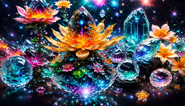 a group of flowers and crystals in a dark background