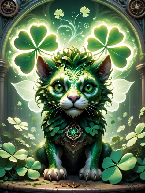 award winning photograph of a cute chimera with terrifying presence made of four-leaf clovers in wonderland, magical, whimsical, fantasy art concept, steampunk, intricate details, best quality, masterpiece, ultra sharp, hyper realistic, realism, , glowing,...