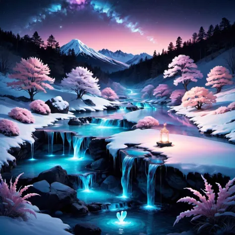 a painting of a waterfall in the middle of a snowy landscape