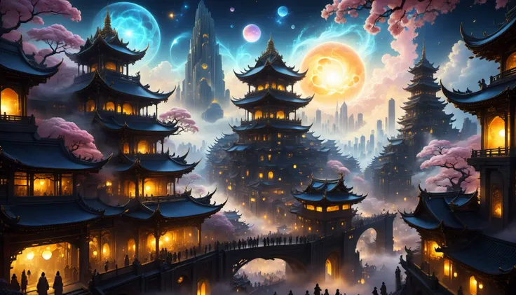 a painting of a city with a lot of buildings and a full moon