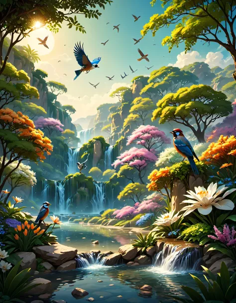 a painting of a waterfall with birds flying over it