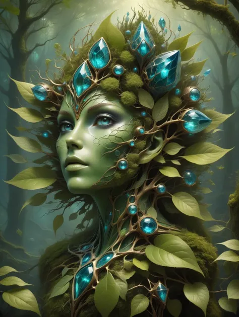 a woman with a wreath of leaves and blue crystals on her head