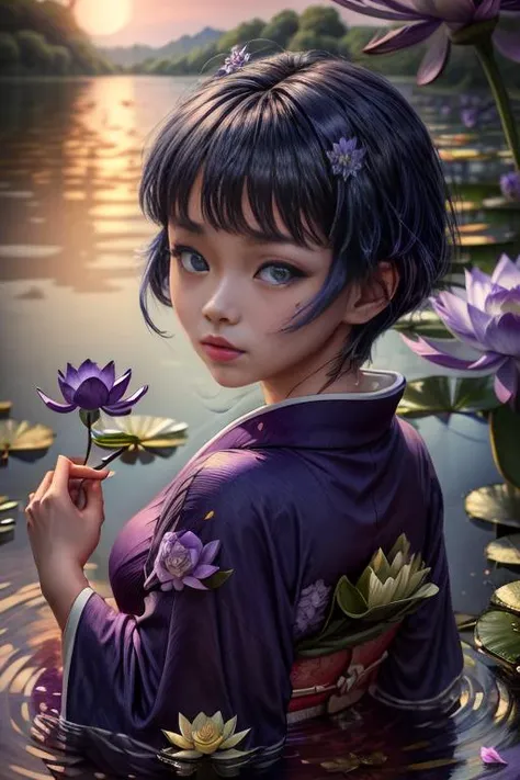 a woman in a purple kimono is holding a flower in a pond