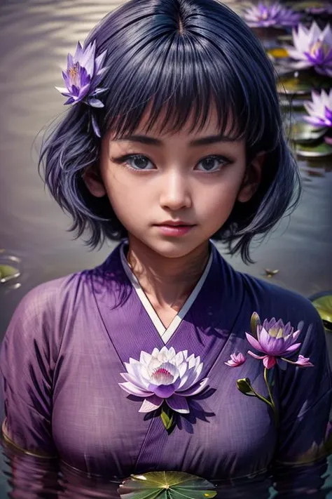 a close up of a young girl in a purple dress with flowers in her hair