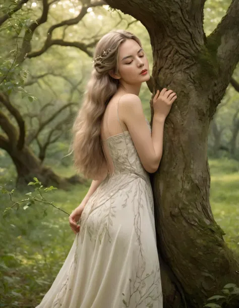 a woman in a dress leaning against a tree in a forest