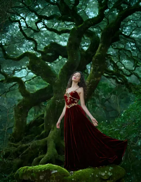 arafed woman in a red dress standing in front of a tree