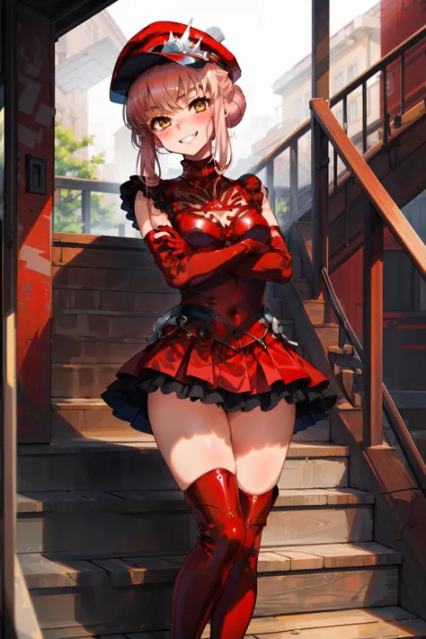 masterpiece,best quality,1girl,mature female,medb (fate),peaked cap,hair bun,red bra,red elbow gloves,midriff,red skirt,red thigh boots,thick thighs,naughty grin,blush,standing,step on stairs,head tilt,crossed arms,<lora:MedbV8:0.8>,