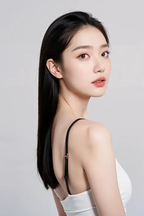 a woman with long black hair wearing a white top