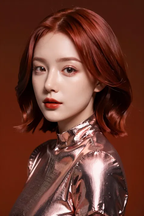 a woman with red hair and a metallic top posing for a picture