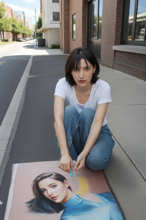 woman sitting on the sidewalk painting a picture of a woman