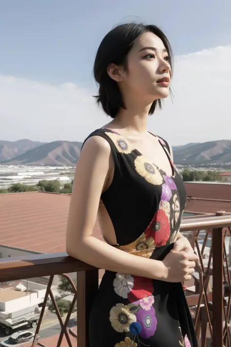 araffe woman in a black dress standing on a balcony