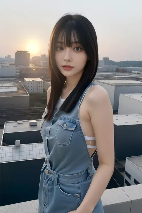 a woman in overalls standing on a rooftop with the sun setting