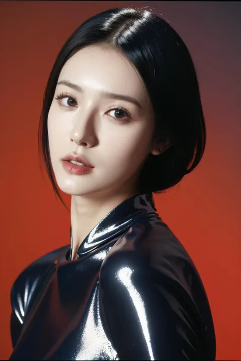 a woman in a shiny top and black leather jacket