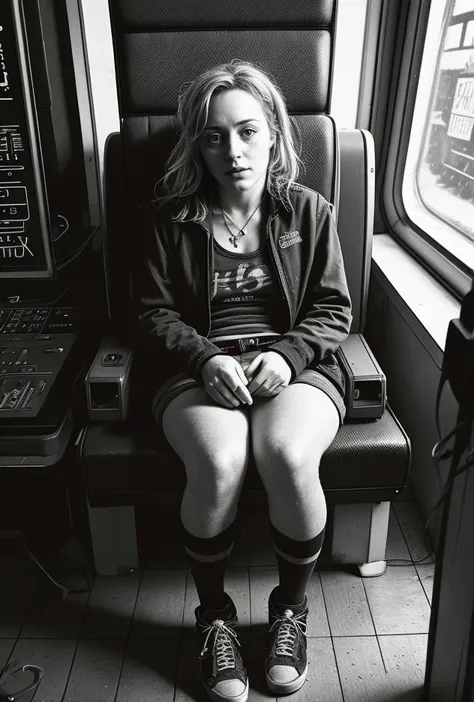 there is a woman sitting on a train seat with her legs crossed