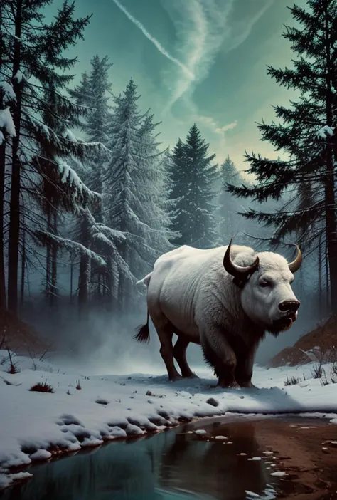 93(((morning forest of trees with great white majestic buffalo standing surrounded by [snowing  pine forest | snowcaps rockies |...