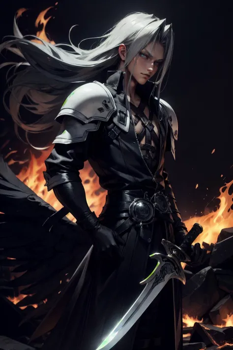 (masterpiece, best quality), intricate details, 1boy, standing, (looking at viewer), Sephiroth (Final Fantasy), Sephiroth, (holding sword in left hand:1.5), (green glowing mako eyes), dark theme, village, (fire scene:1.4), (fire:1.4), (conflagration:1.3), ...