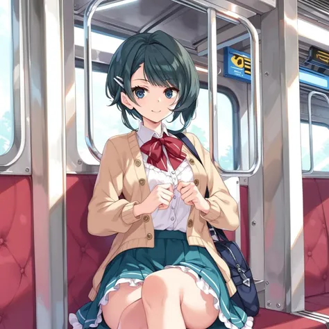 anime girl sitting on a train with her legs crossed