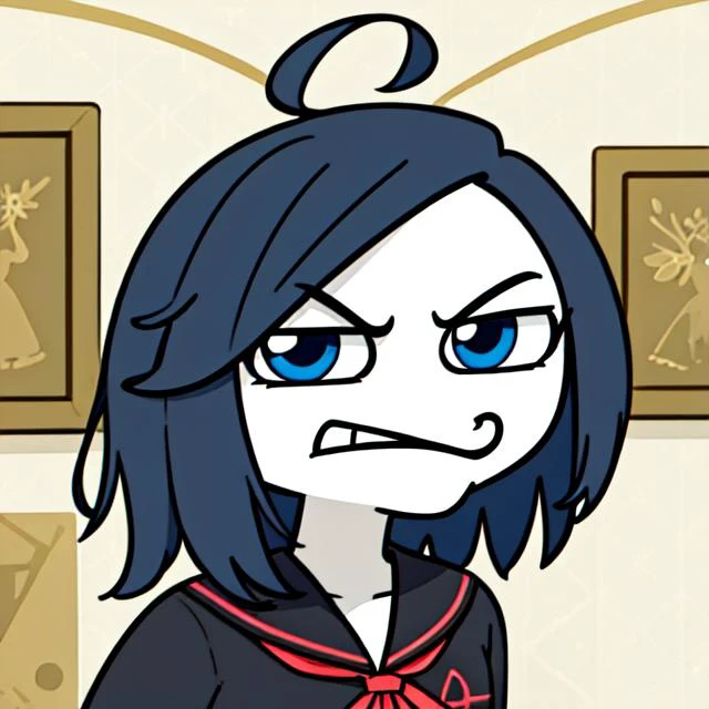 cartoon image of a woman with blue eyes and a black shirt