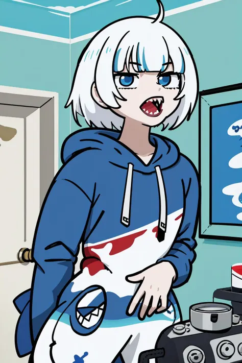 anime girl with white hair and blue eyes in a blue kitchen