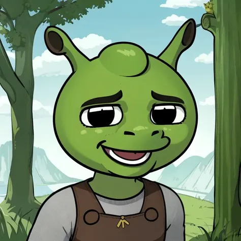 cartoon of a green alien with a big smile in a forest