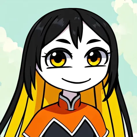 a cartoon girl with long hair and yellow eyes standing in front of a sky