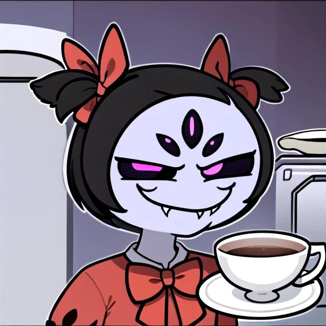 a cartoon of a girl holding a cup of coffee in front of a stove