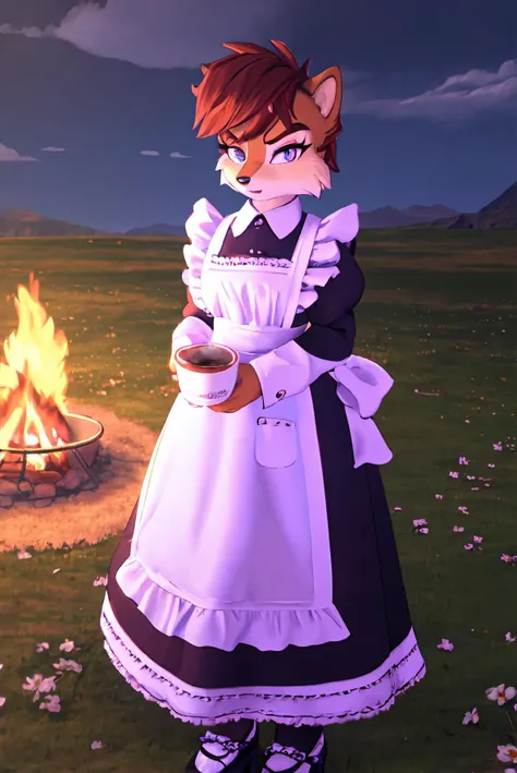 anime character dressed in maid outfit standing in front of a fire