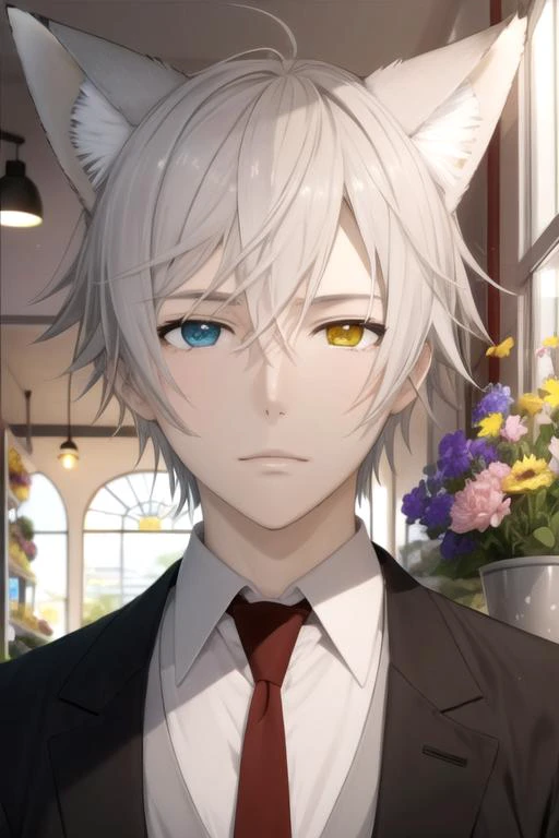 masterpiece, best quality, illustration, 1boy, solo, male focus, looking at viewer, upper body, depth of field, , , <lora:soushi_miketsukami:0.70>, soushi_miketsukami, grey hair, yellow eyes, heterochromia, blue eyes, animal ears, fox ears, fox boy, fox ta...