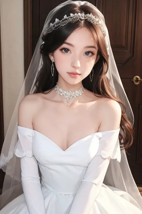 masterpiece, high quality,1girl, pov,  sitting, wedding dress, bridal veil, elbow gloves, off shoulder, hair ornament, earrings, choker,<lora:GoodHands-beta2:1>  <lora:xeyu_v1-000007:0.55>