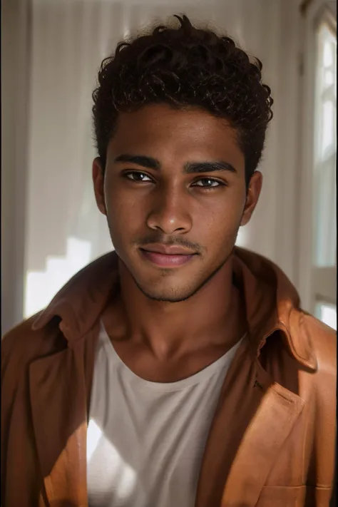 a close up of a man with a brown jacket and a white shirt