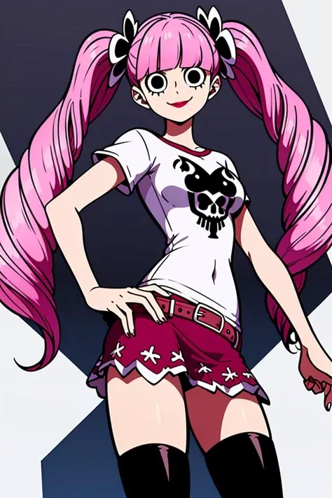 <lora:PeronaChan:1>,  PeronaChan, 1girl, long hair, pink hair, solo, black eyes, blunt bangs, twintails, drill hair, smile, (small breasts), lipstick, makeup, ((short skirt, white T-shirt)), thighhighs (complex abstract background, detailed graveyard), cow...