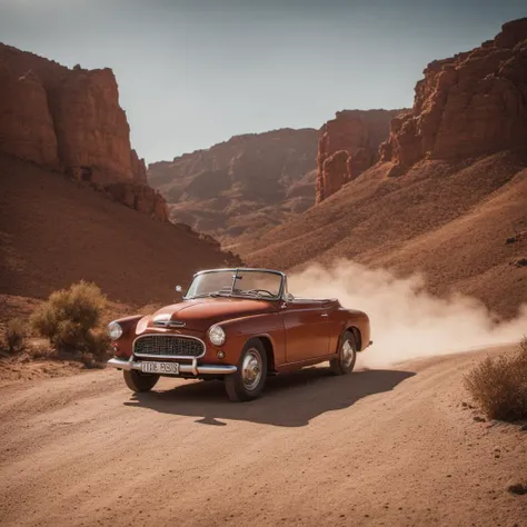 a red car driving down a dirt road in the desert