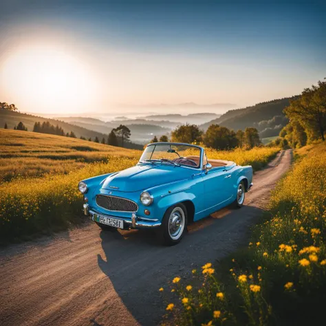 a blue convertible car driving down a dirt road in the countryside