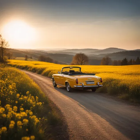 a yellow car driving down a dirt road next to a field of yellow flowers