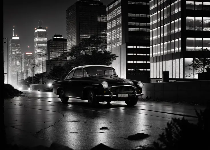 arafed image of a car driving down a city street at night