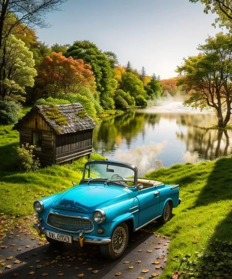 a blue car parked on the side of a road next to a lake